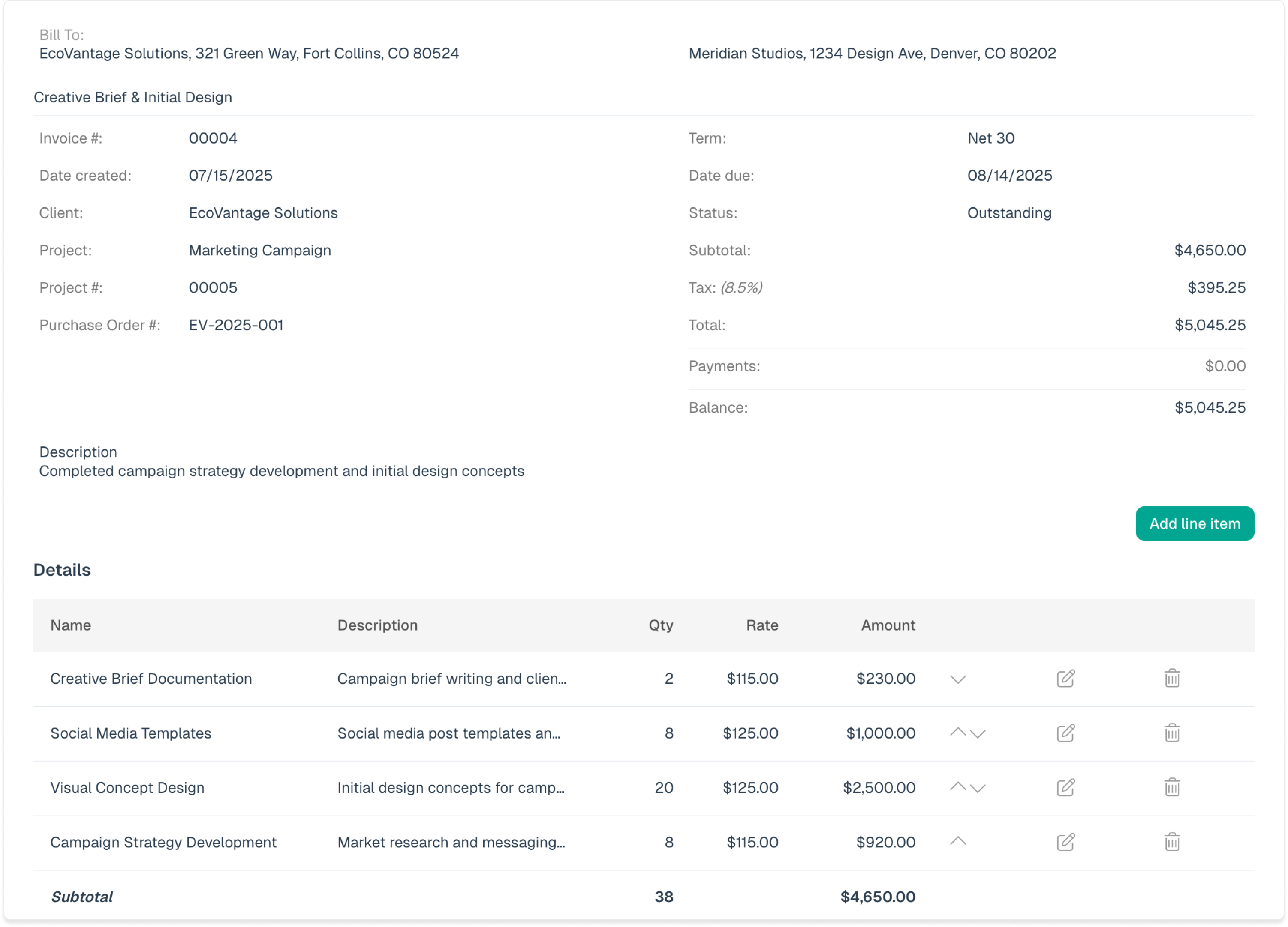 Invoicing interface showing billable hour tracking and invoice generation for consulting services