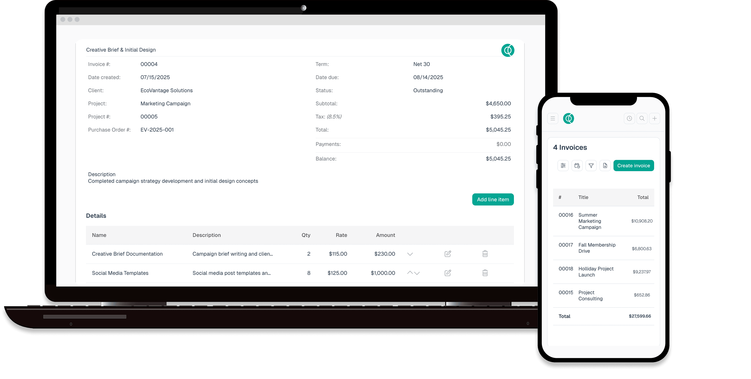 Desktop and mobile apps showing invoicing interface