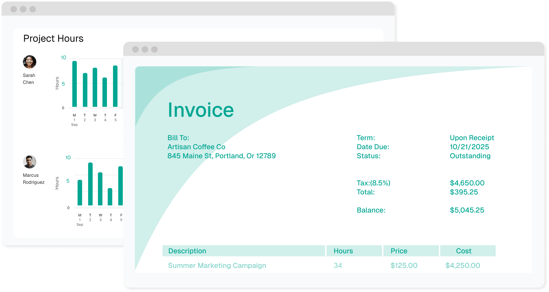 Invoicing interface showing billable hour tracking and invoice generation for consulting services