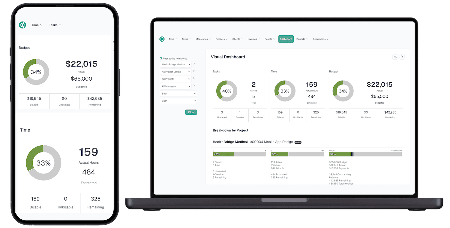 Desktop and mobile apps showing time tracking interface