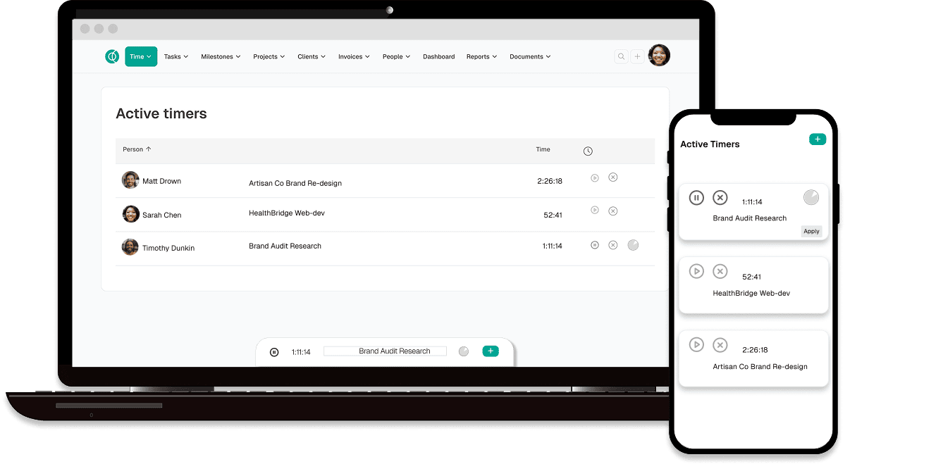 Desktop and mobile apps showing time tracking interface