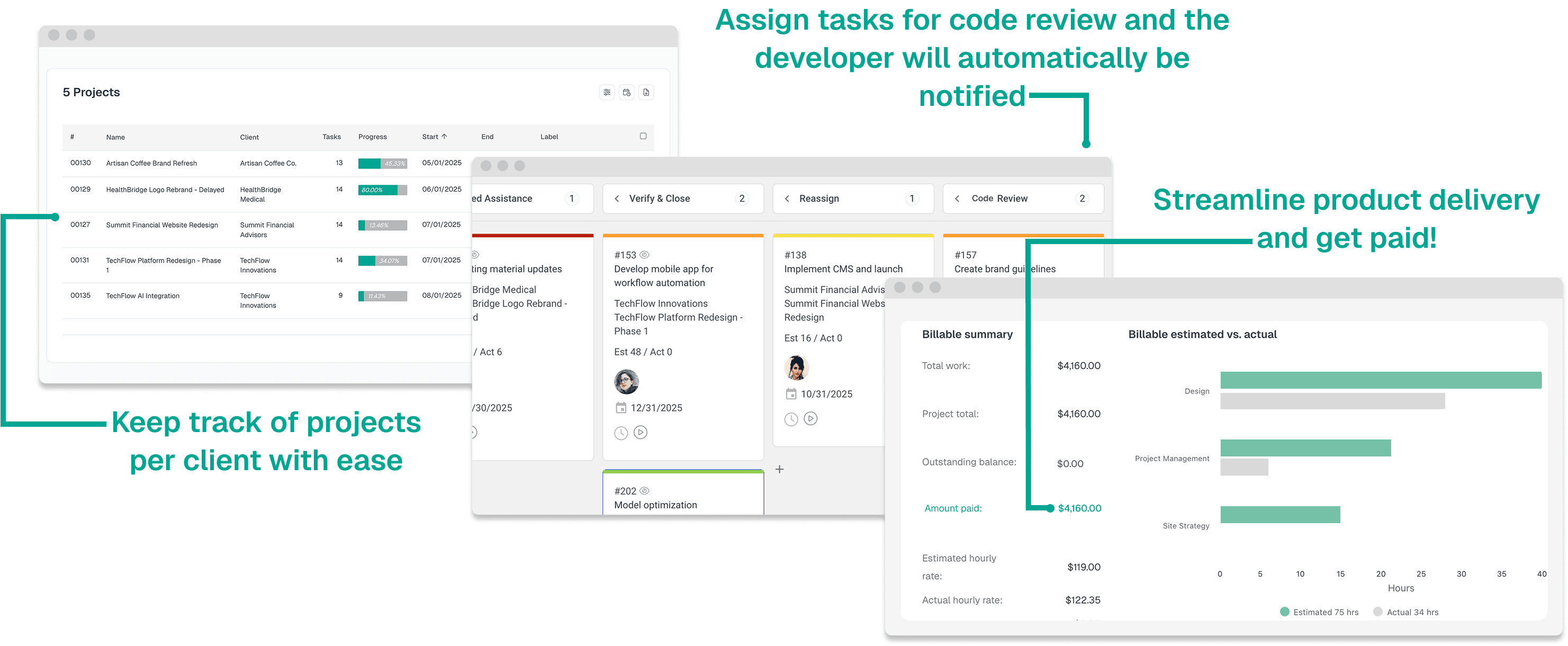 Project management interface showing task organization and team collaboration for software development